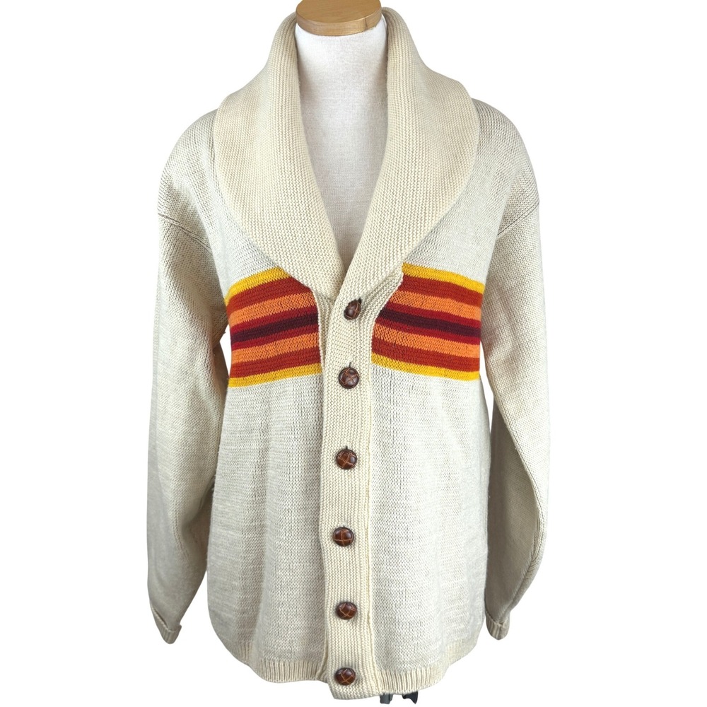 Vintage 80s PENDLETON Harding Shawl Collar Cardigan|L|Wool Western Aztec Cream